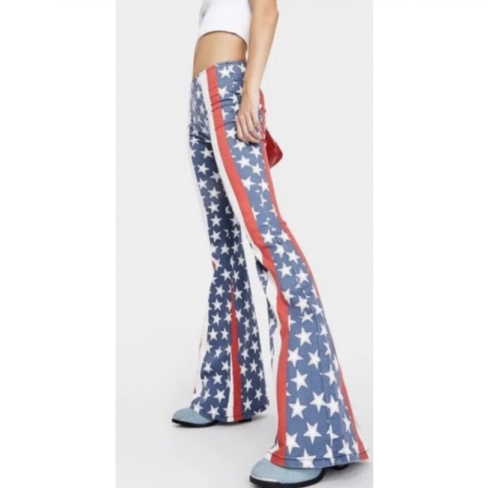 Free People Penny Pull On Flare Flag Stars & Stripes Print Jeans